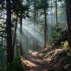 Obraz premium Sunlight filtering through pine trees on a hiking trail 
