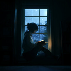 A girl reading a book by the window on a dark night with stars outside it