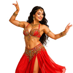 Young woman dancing in vibrant belly dance costume with joy  