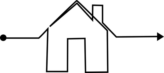 House outline illustrated with thick strokes and marked with a directional arrow on the side.