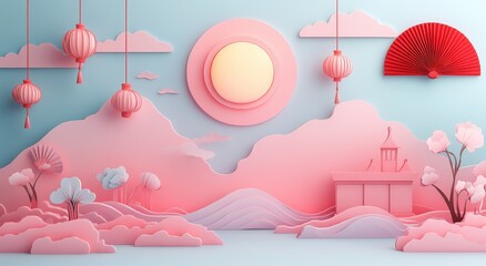 Charming pink and blue cartoon scene with lanterns and fan in a playful gradient background