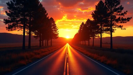 Fototapeta premium A road lined with trees, leading to a sun setting over distant hills, with a colorful sky.