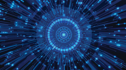 Obraz premium Abstract Blue Digital Network Radial Pattern with Glowing Lights technology.