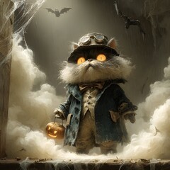 A fluffy cat in a vintage costume walks through misty Halloween night, holding a glowing pumpkin lantern under flying bats and spooky spiderwebs.