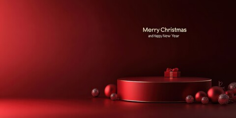 Minimalist Christmas background with a festive podium surrounded by decorated Christmas trees and gift boxes in a vibrant red theme