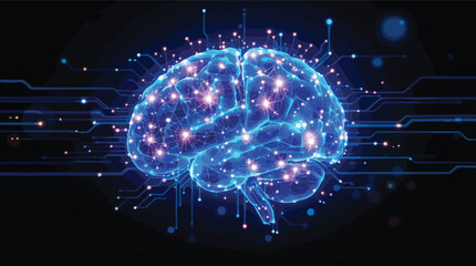 Glowing Blue Digital Brain with Circuitry and Lights on Black Background technology science.