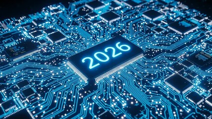 A cpu microchip with the year 2026 glowing in blue light on a circuit board symbolizes the future of technology and advances in computing power

