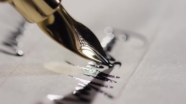 Extreme close-up rack focus shot of classic fountain pen signing contract on textured paper with dramatic lighting showing business agreement completion