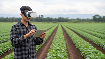 Agricultural Innovator Utilizing Virtual Reality Headset and Digital Tablet for Modern Crop Management in Expansive Fields