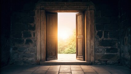 Ancient door opening to a glowing new world — symbolizing discovery and opportunity