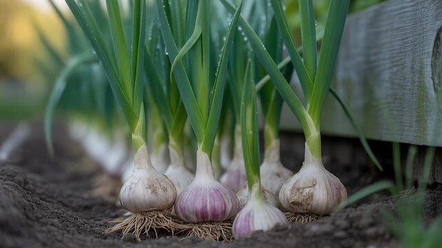 Freshly Planted Garlic Bulbs Sprouting in Rich Soil, Ready to Grow