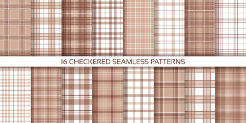 Check seamless pattern. Plaid brown beige background. Set of fabric textures. Tartan shirt cloth. Flannel prints. Geometric checkered textile. Lumberjack tablecloth backdrops. Vector illustration