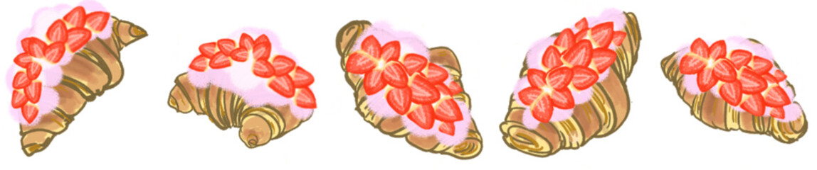 Strawberry Cream Croissant PNG Illustration with Fresh Berries and Whipped Topping for Bakery Design