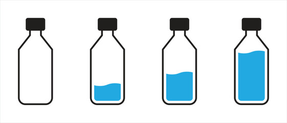 Water Bottle Icon Set – Plastic Drink Bottle with Different Water Levels, Hydration, Liquid Container, Flat Vector Illustration © febrian