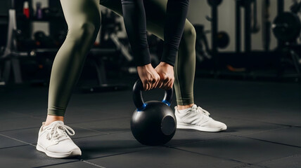 Naklejka premium Athletic woman gripping a heavy black kettlebell, preparing for a powerful strength training workout in a modern gym.