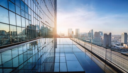 modern office building glass windows with city skyline blurred background
