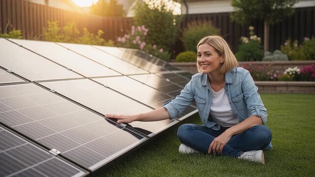 Smiling woman touching solar panels while looking at camera showing positive attitude toward renewable energy and sustainable technology solutions