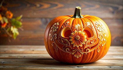 A beautiful, intricately carved pumpkin, featuring a detailed floral design, sits on a wooden surface.
