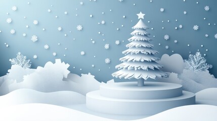 White Christmas tree in winter wonderland with paper cut design and serene landscape