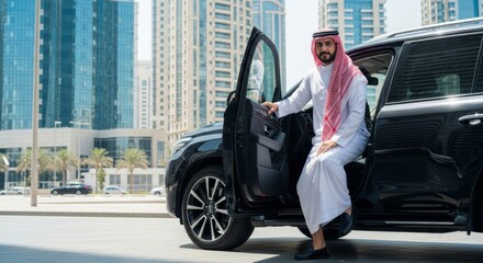 Arab man getting out of his car in the middle of the city