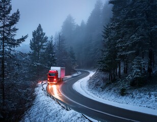 an atmospheric shot of a red truck with its headlights on driving along a winding road through a foggy pine forest with patches of snow at dusk