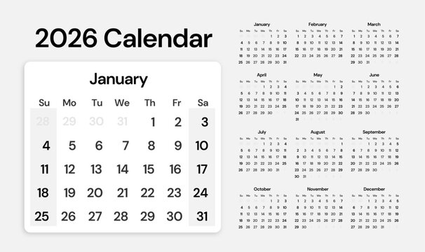 Monthly Calendar Layout 2026 &ndash; Diary Planner Template, Week Starts on Sunday