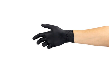 Fototapeta premium Hand in a black glove reaching out. Gesture for shaking, helping, or holding concept, isolated on white background with clipping path.