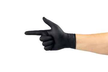 Hand in a black glove pointing with the index finger. Direction or gun gesture symbol, isolated on white background with clipping path.