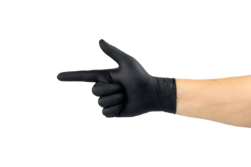 Hand in a black glove pointing with the index finger. Direction or gun gesture symbol, isolated on white background with clipping path.