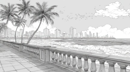 Coastal city view. Balustrade with palm trees facing waves and skyline in monochrome