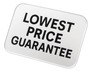 Obraz premium White tag sticker displaying LOWEST PRICE GUARANTEE in bold letters, essential retail promo offer on transparent background.