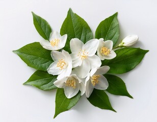 Naklejka premium cluster of fresh jasmine flowers with green leaves in flat lay composition isolated on a white backgroundr