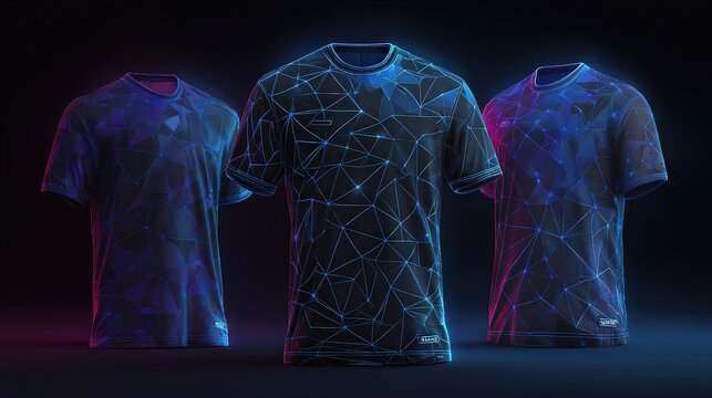 Three Modern Black T-Shirts with Abstract Neon Designs for Tech Brands