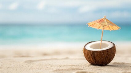 Tropical summer concept with coconut and umbrella elements &mdash; minimalist beach design