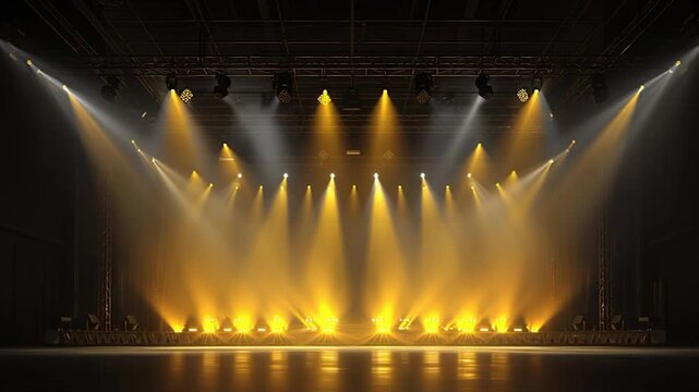 Empty Concert Stage with Yellow Spotlights, perfect for themes of music, events, theater, and presentations.