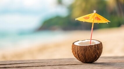 Creative flat lay of coconut fruit with sun umbrella &mdash; playful tropical summer idea
