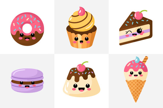 Cute sweets collection vector, donut cupcake macaron ice cream, kawaii dessert icons, bakery theme, pastel palette, white background, kids stickers, party decorations, adorable illustration, set