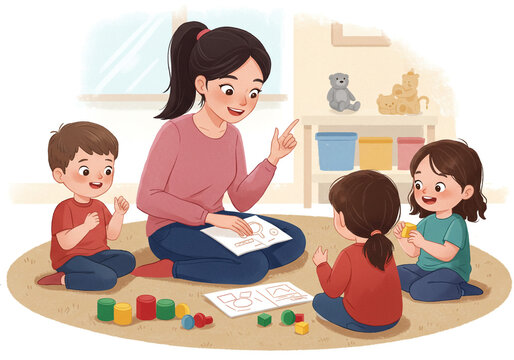 Preschool Children Engaged in Storytime and Block Play with Teacher in Educational Setting