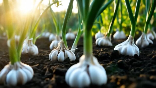 Garlic Bulbs Growing in Rich Soil Under Bright Sunlight in a Farm Field