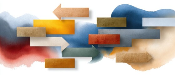 Abstract Representation of Stages in Gantt Planning Chart with Colorful Arrows and Watercolor Background