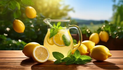 the refreshing pitcher of lemonade with lemons and mint on wooden table