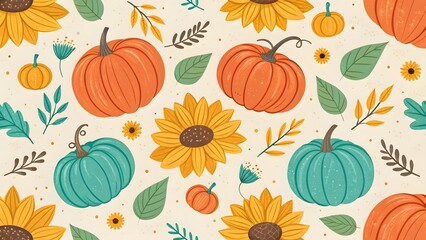 Charming Autumn Harvest Pattern Featuring Pumpkins and Sunflowers