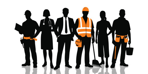Silhouettes of six professionals—construction worker, doctor, businessperson, cleaner—illustrating labor diversity and career representation