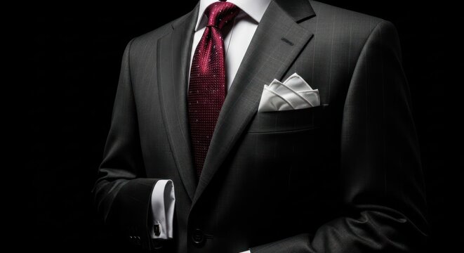 Elegant Man in Black Suit with Red Tie and Pocket Square.