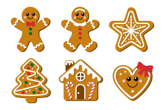 Gingerbread shapes pack, man star tree house heart, classic holiday cookies, warm brown icing outline, Christmas baking vector, cute dessert clipart, family kitchen theme