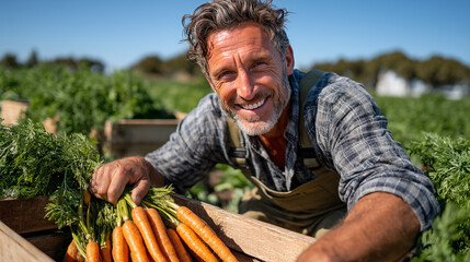 Portrait of happy farmer holding a crate full of carrots on field