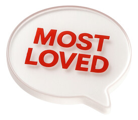 Glossy speech bubble sticker with MOST LOVED promotion in bold red lettering, engaging retail offer on transparent background.