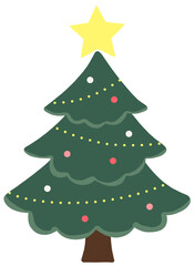 Cute cartoon Christmas tree decorated with colorful ornaments, garlands, and a shining star on top
