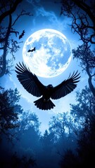Obraz premium Owl in Flight Moonlit Forest Scene, Nature Photography, Mystical Atmosphere