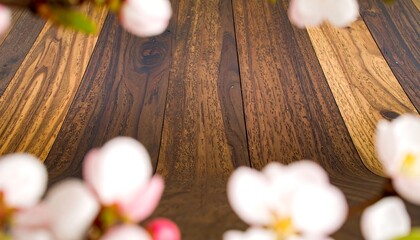 A close-up view of richly hued wooden planks, beautifully detailed with natural grain patterns, framed by soft-focus blossoms of springtime.